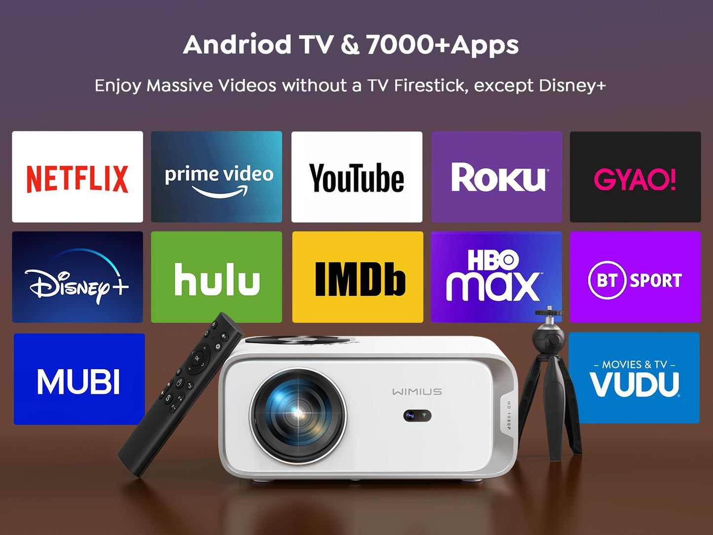 Projetor Wimius Nativo 1080P 1000ANSI Android 9.0 Projetores WiFi 6 e Keystone 4P Projetor Portátil Para Home Theater
