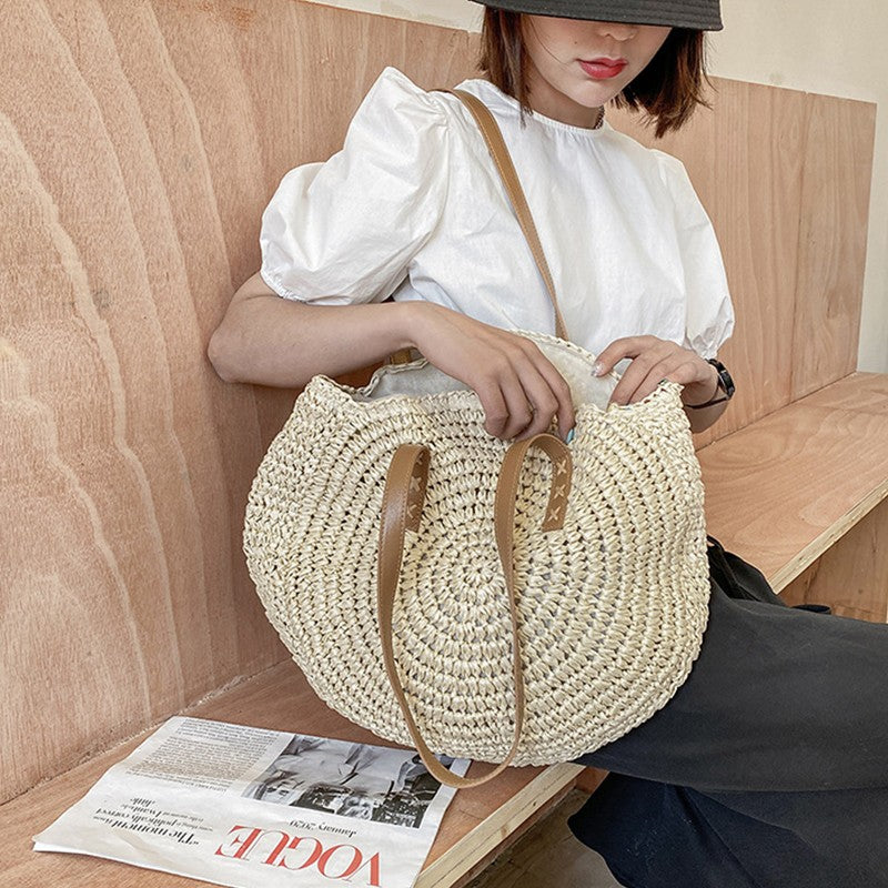 Summer Round Straw Bags for Women Rattan Shoulder Bag Travel Handmade Woven Beach Handbags Female Large Capacity Totes Bag
