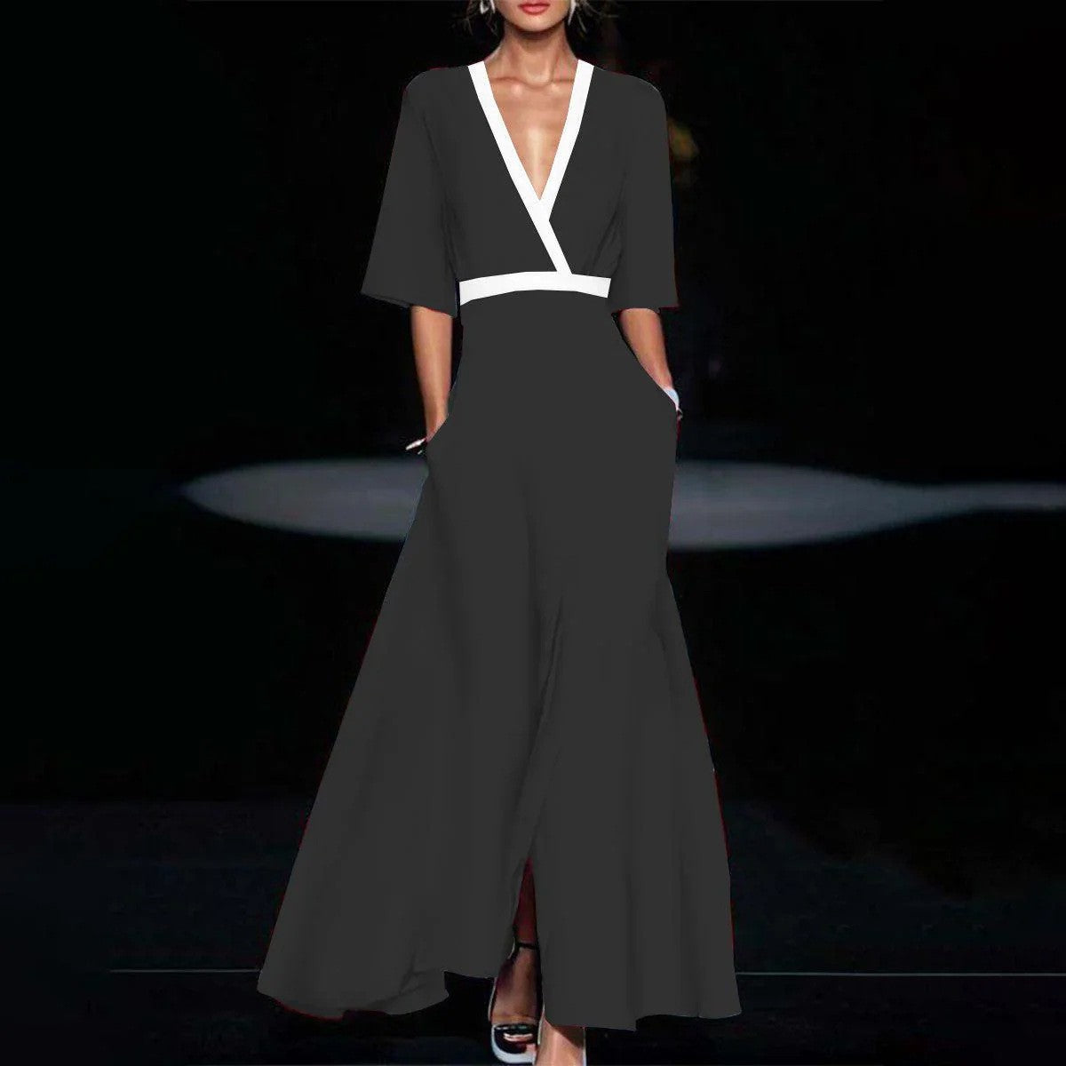 Women Fashion 2024 Spring V Neck Belted Party Long Dress Sexy Printing A-Line Bo