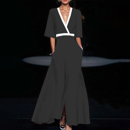 Women Fashion 2024 Spring V Neck Belted Party Long Dress Sexy Printing A-Line Bo