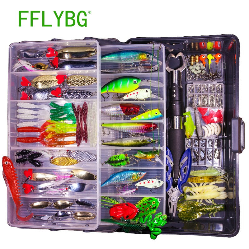 FFLYBG Novo Conjunto Misto de Iscas Artificiais Kit de Iscas Macias e Duras Minnow Jig de Metal Colher Acessórios de Pesca com Caixa Para Baixo Pique Crank