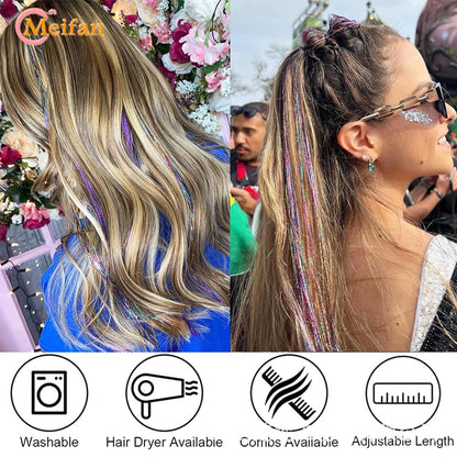 12 peças/conjunto de enfeites de cabelo com presilha, extensões de cabelo sintéticas brilhantes cintilantes, acessórios de cabelo para festa com efeito fada