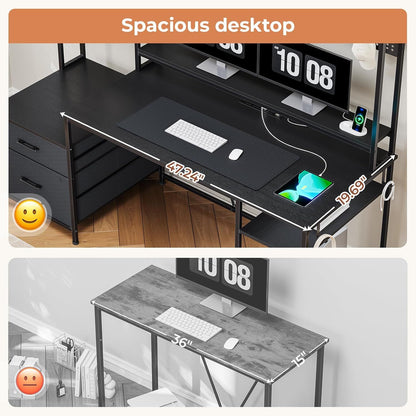 Gaming Desk with Hutch, 65in Reversible Computer Desk with Power Outlets LED Light, Home Office Desk with Monitor