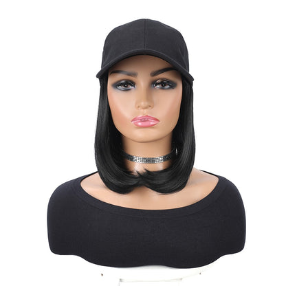 Boné de Beisebol com Extensões de Cabelo Sintético Cabelo Liso Curto Bob Chapéu Peruca Ajustável Removível 25 cm para Mulher Menina