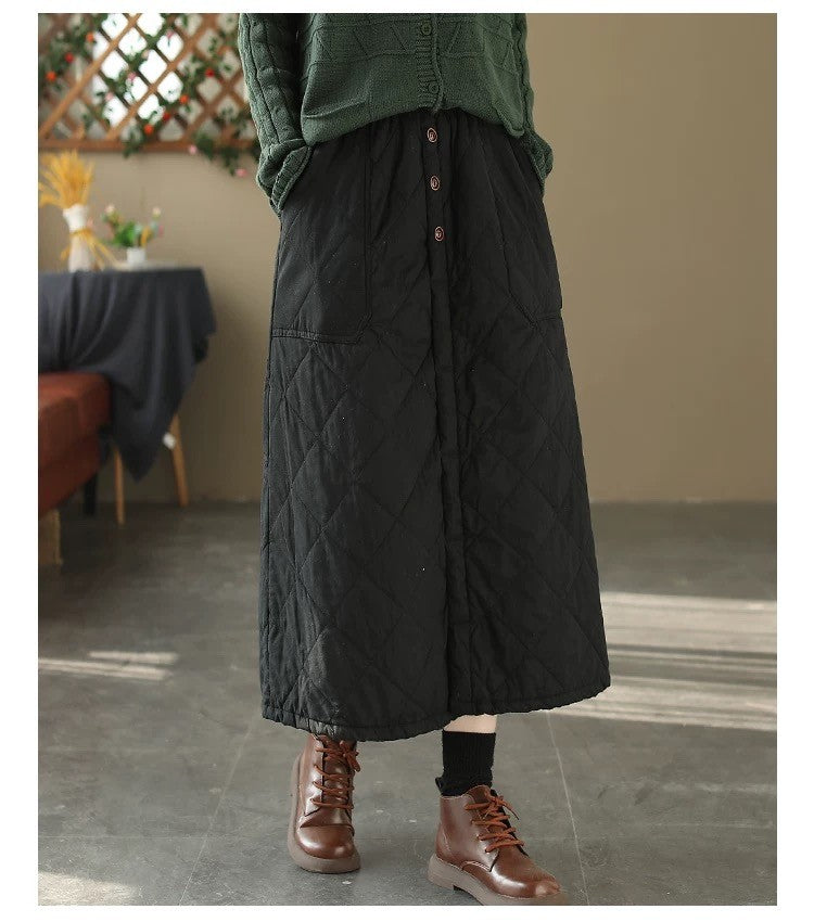 Retro Warm Cotton Quilted Long Midi Skirt High Waist A-Line Skirt for Middle-Aged And ly Women Diamond Patterned f Skirt