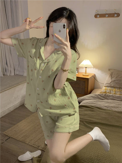Women's Pajamas Set Foam Cotton Sleepwear Button down Tops and Shorts Pajama 2 Piece Suit Femme Nightwear Loungewear for Summer