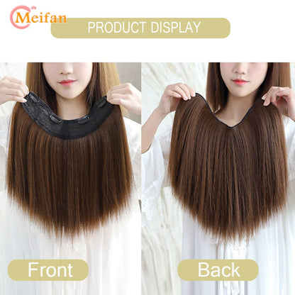MEIFAN Peruca Sintética Longa e Lisa em U com Meia Cabeça para Mulheres, Clipes Pretos e Castanhos em Extensão de Cabelo, Apliques Naturais e Falsos