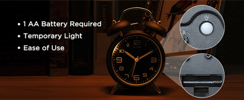 4 Inch Twin Bell Loud Alarm Clock Metal Frame 3D Dial with Backlight Battery Operate Desk Table Alarm Clock For Home and Office