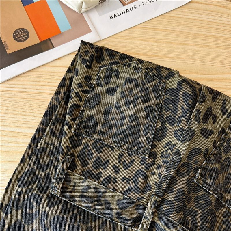 Casual Loose Womens Jeans Retro American Style Leopard Print Design Straight Leg Pants Workwear Fashion Winter  Women's pants