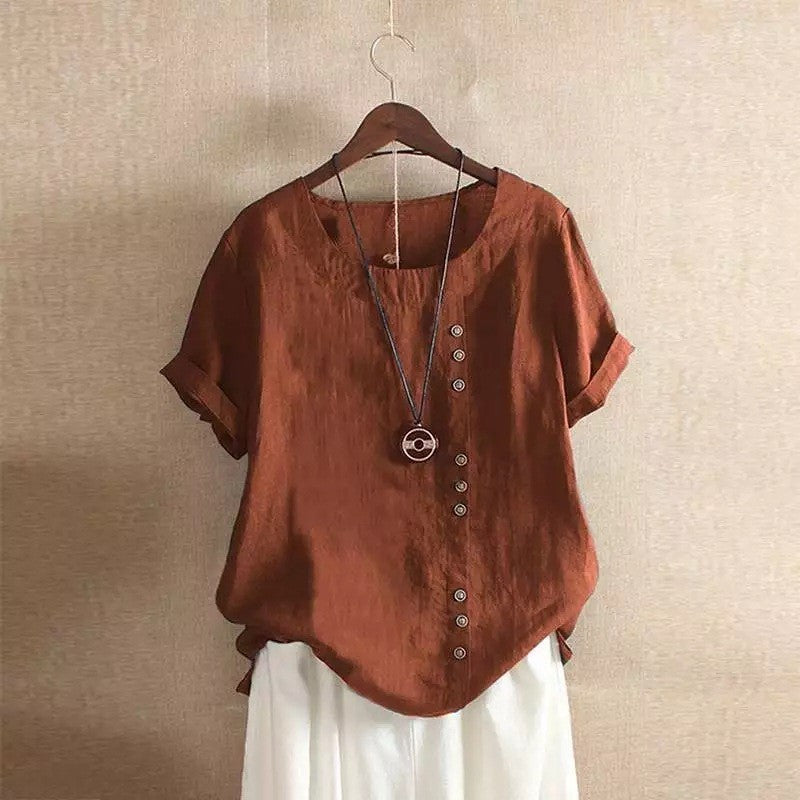 Women's Cotton Linen Top Summer Casual Loose Fitting Button Short Sleeve Solid Color Pullover Blouse Femme Blusas Camisa Mujer