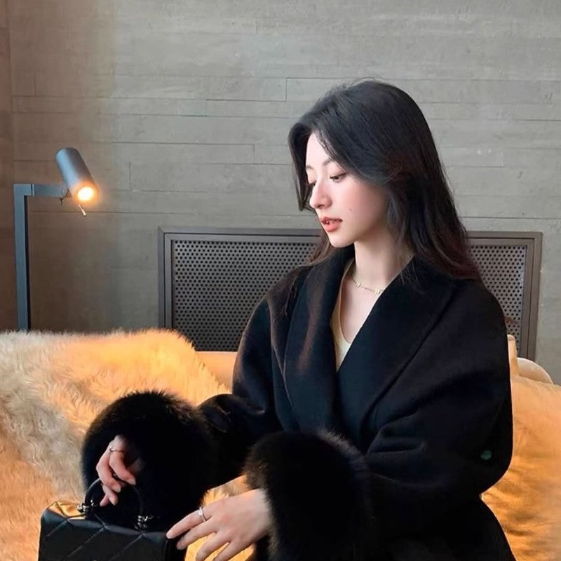 Casacos Curtos de Lã Elegantes com Cadarço Sólido Lapela Solta Cinto Peludo Manga Longa Jaqueta Feminina 2025 Outono Inverno Lady Chique Cardigãs