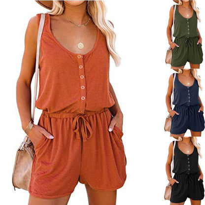 European and American women's summer cross-border new sleeveless jumpsuit waist casual loose wide leg shorts