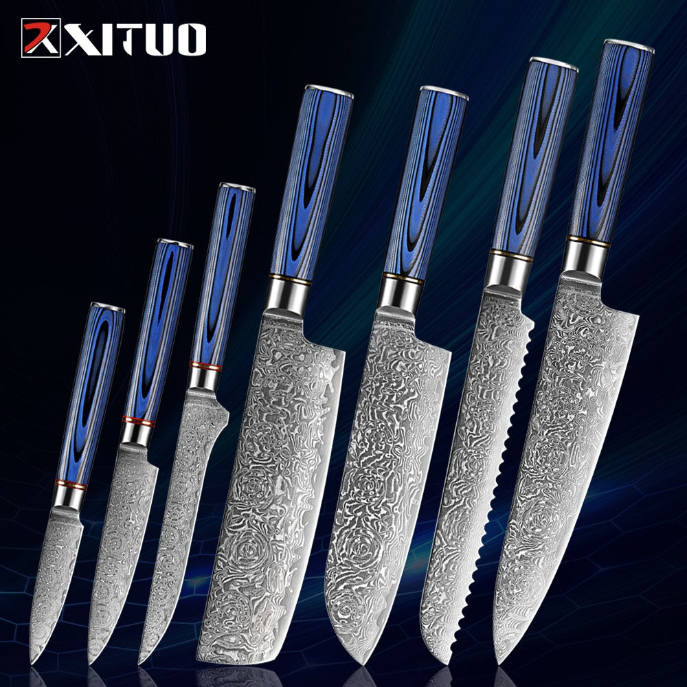 Conjunto de Facas de Cozinha 1-7 Peças, Aço Damasco Ultra Afiado para Chefe, Pão, Santoku, Desossar, Utilitárias, Lâmina com Padrão de Rosa Cabo G10 Azul