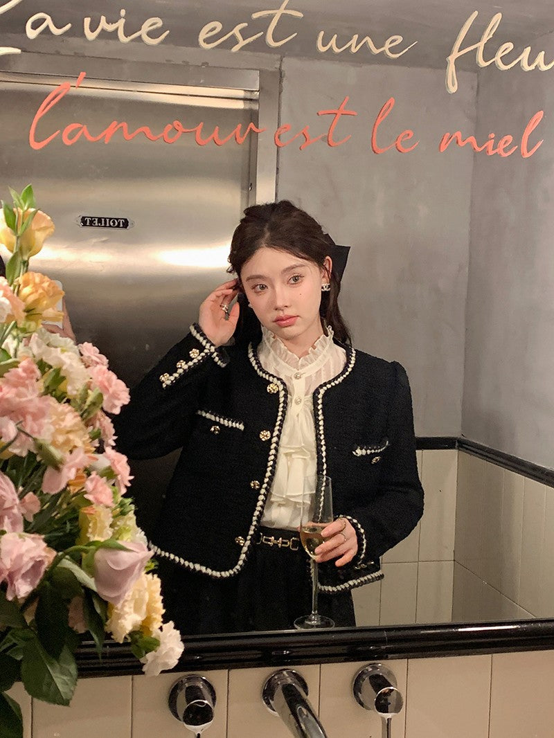 Vintage Cropped Tweed Jackets Women Elegant Black Thicken Coat Korean Single Breasted Blazer Casual Warm Short Outerwear Tops