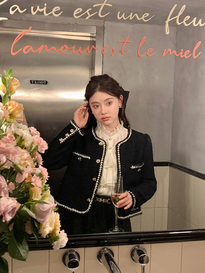 Vintage Cropped Tweed Jackets Women Elegant Black Thicken Coat Korean Single Breasted Blazer Casual Warm Short Outerwear Tops