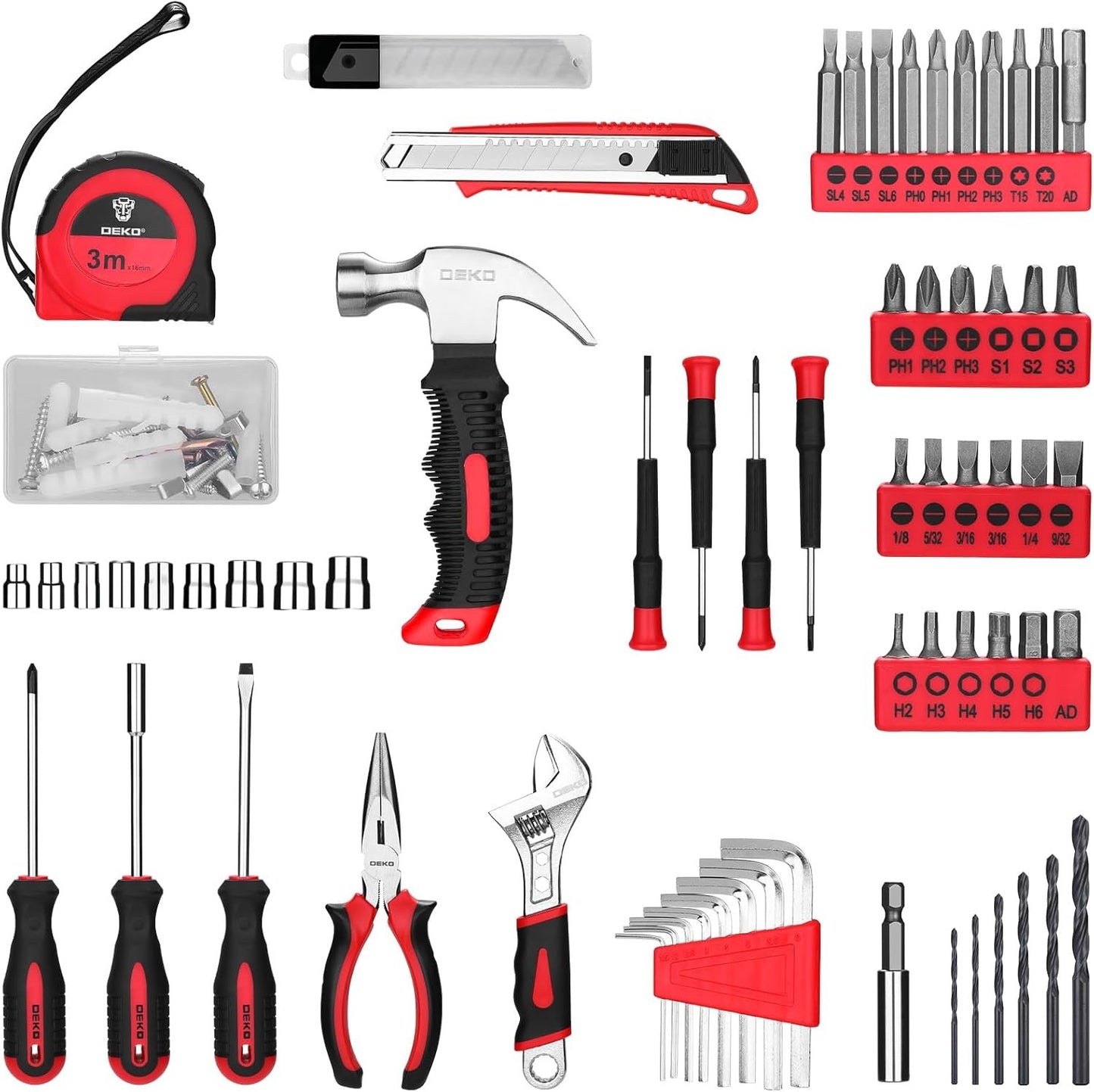Kit de Ferramentas com Furadeira DEKO, Jogo de Ferramentas com Furadeira Sem Fio Vermelha 8V, Kits de Ferramentas Manuais para Mulheres 126 Peças