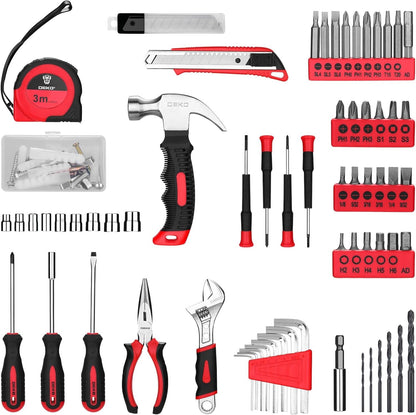 Kit de Ferramentas com Furadeira DEKO, Jogo de Ferramentas com Furadeira Sem Fio Vermelha 8V, Kits de Ferramentas Manuais para Mulheres 126 Peças