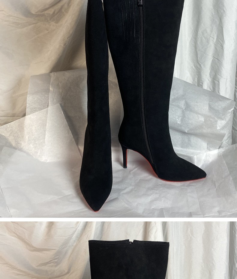 Ods Luxury Designer Sexy Pointed Toe Pole Knee High Brown Black Leather Red Sole Botas Mujer Boots For Women 8 10cm Big 41434546