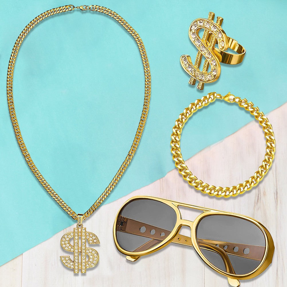 80s 90s Costume Outfit Set Big Gold Chain 80s/90s Rapper Accessories Glasses Bracelet Hip Hop Fancy Dress Costumes for Men Women