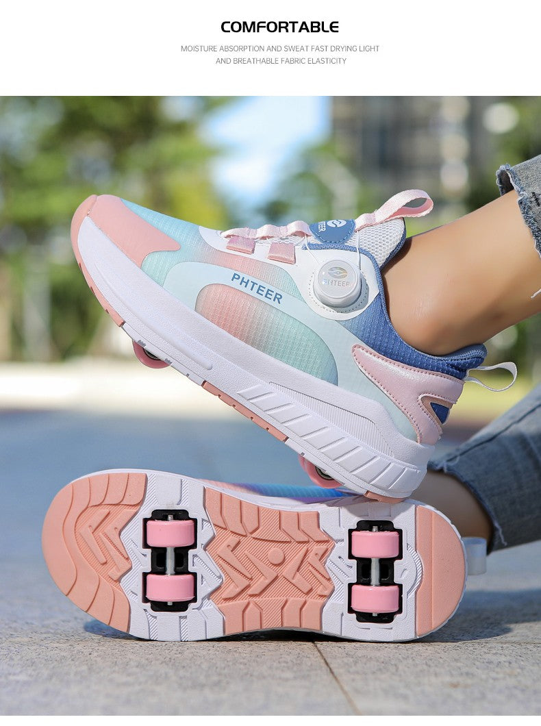 Kids Two Wheels Roller Skating Shoes With Light Magic Stick Walking Shoes Detachable Wheels Roller Skate Shoes For Teenagers