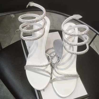 Eilyken Fashion Style Sandálias Femininas com Tira no Tornozelo, Strass e Diamantes, Sexy, Bico Aberto, Salto Agulha Fino, Sapatos de Festa para Boate e Banquete