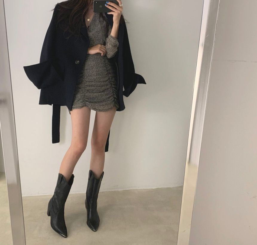 Retro Chic Autumn Winter Woolen Coat One Button Long Sve Suit Collar Waist Cinched Side Slit Warm Knitwear for Women
