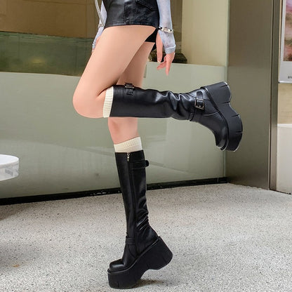 2024 Women's Shoes Basic Women's Boots Classics Knee-High Boots Women Belt Buckle Side Zip Round Toe Wedge Platform Shoes Ladies