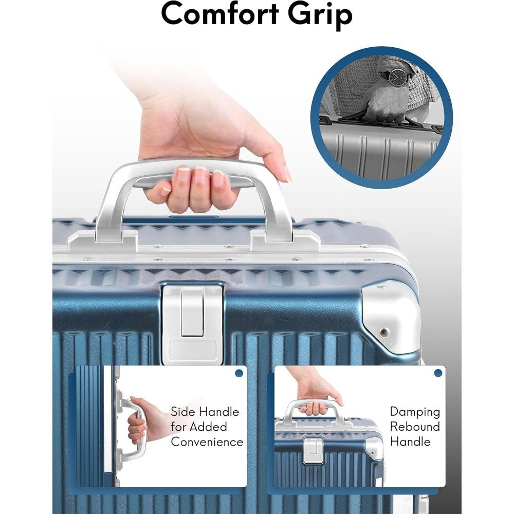 Gorgeous Gem-Blue 3/7 Split Opening Zipperless Aluminum Frame Suitcase, Higher Volume 22x14x9, Airline Approved Carry-On Luggage