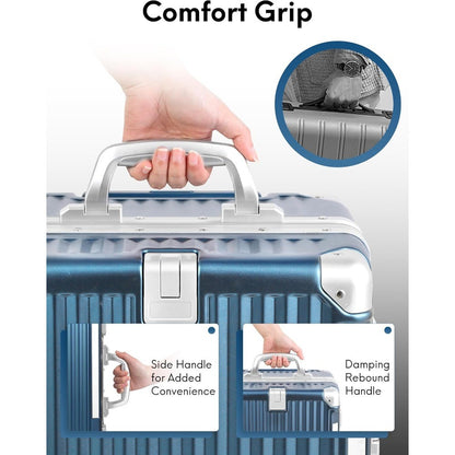 Gorgeous Gem-Blue 3/7 Split Opening Zipperless Aluminum Frame Suitcase, Higher Volume 22x14x9, Airline Approved Carry-On Luggage