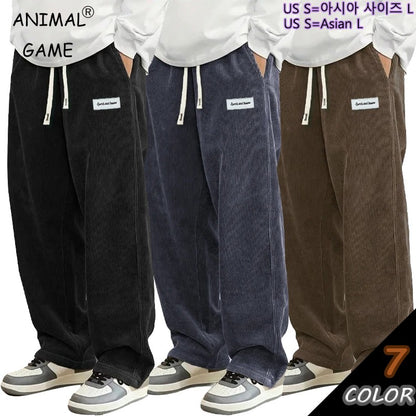 Animal Game Outdoor Mens Corduroy Casual Pants Loose Fit Baggy Pants Straight Sweatpants Elastic Waist Drawstring Streetwear