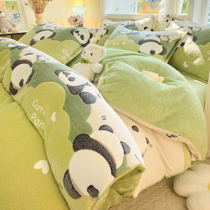 Capa de Edredom de Veludo Leite com Estampa de Panda Fofo para Decoração de Quarto de Meninos e Meninas, Roupa de Cama de Desenho Animado de Animais, Capa de Edredom Macia e Quente para Outono e Inverno