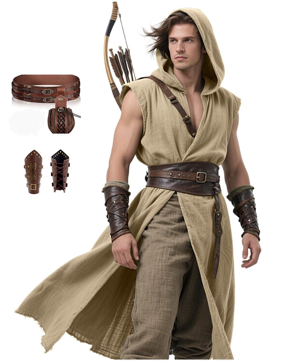 Men's Medieval Hooded Surcoat Renaissance Tabard Sleeveless Tunic Cloak Viking Costume Holloween Assassin Cosplay