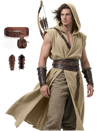 Men's Medieval Hooded Surcoat Renaissance Tabard Sleeveless Tunic Cloak Viking Costume Holloween Assassin Cosplay