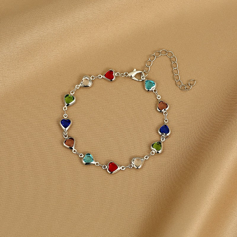 Pulseiras elegantes de corrente de metal com zircônia e cristal vermelho para mulheres, pulseiras coloridas de coração, joias de pulso, presente para festas de casamento e meninas
