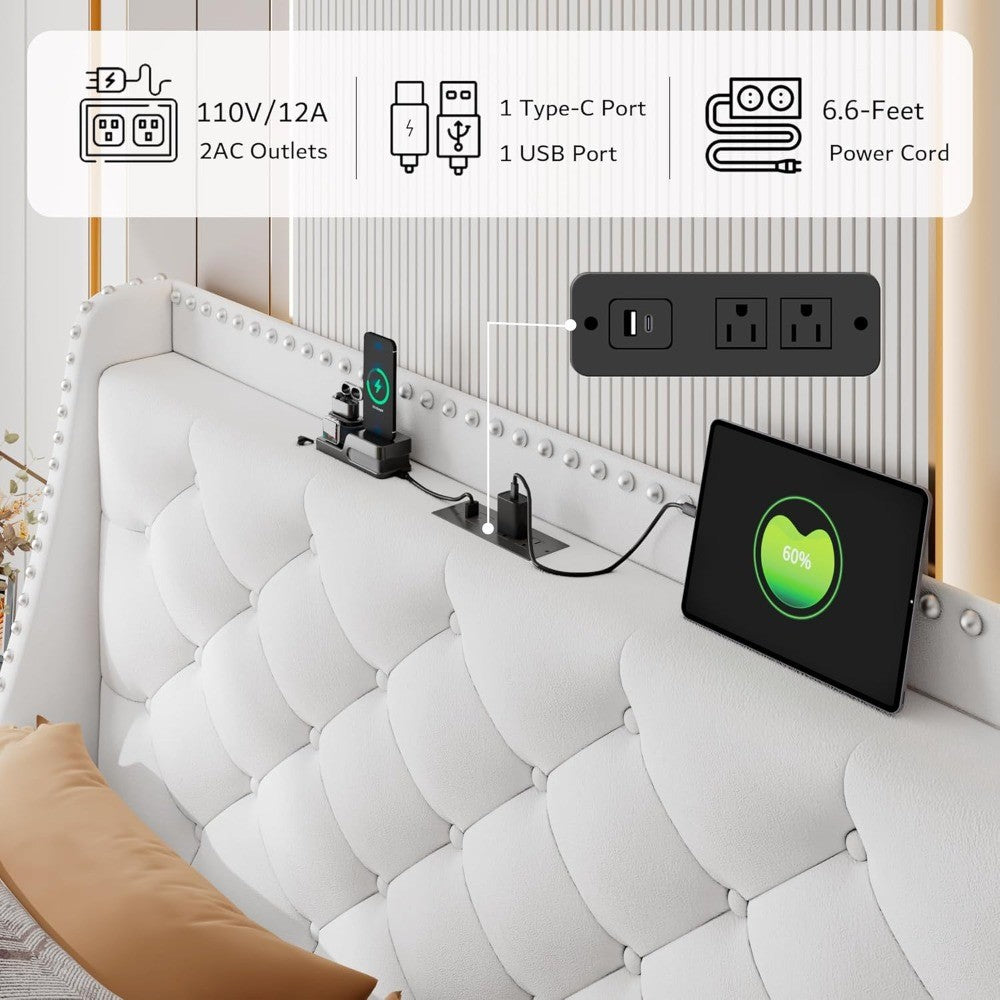 iPormis Velvet King Bed Frame with 16" Comfort Wingback & USB & Charging Station, Upholstered Platform Bed with Button Tufted St