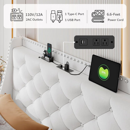 iPormis Velvet King Bed Frame with 16" Comfort Wingback & USB & Charging Station, Upholstered Platform Bed with Button Tufted St
