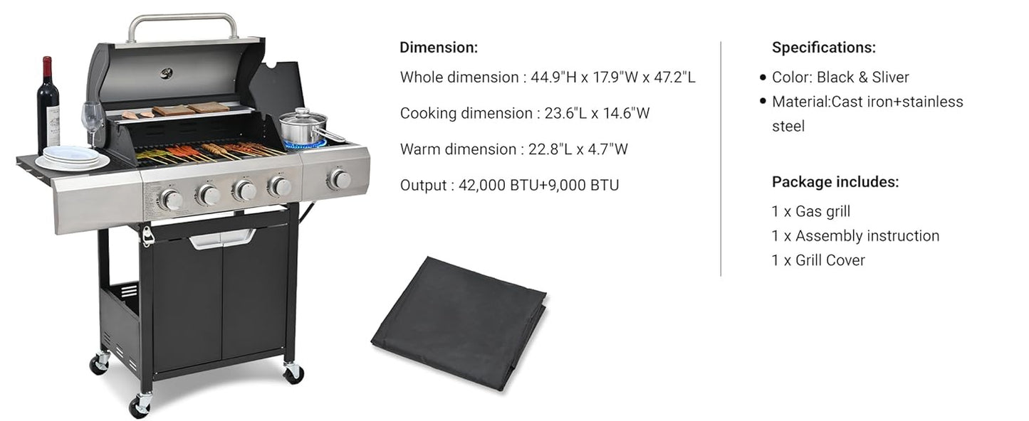 4 Burner BBQ Propane Gas Grill, Free Standing Grill Cart with Wheels, Stainless Steel Heavy Duty Cabinet Style, Outdoor Grill