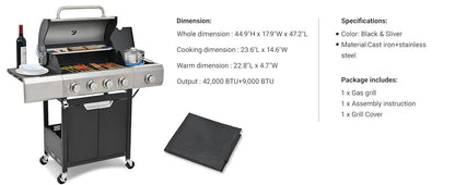 4 Burner BBQ Propane Gas Grill, Free Standing Grill Cart with Wheels, Stainless Steel Heavy Duty Cabinet Style, Outdoor Grill