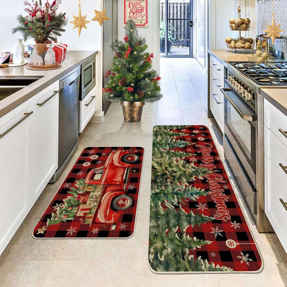 VIKAMA 1/2pcs Christmas Kitchen Rugs Truck Christmas Tree Bedroom Hallway Rugs Entry Welcome Doormat Home Decoration