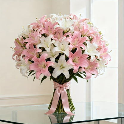 Elegant Pink Lily Flower Bouquet Realistic Artificial Flowers with Green Foliage,Perfect for Christmas, Wedding,Home Decor