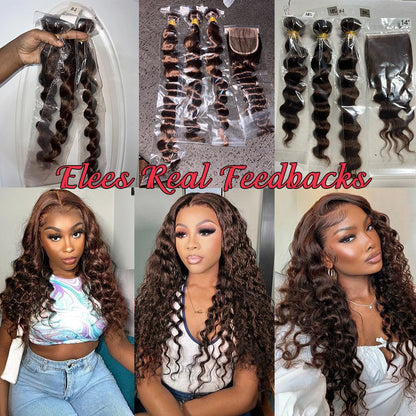 Cabelo Castanho com Fechamento, Cachos Soltos, Cabelo Humano Brasileiro Virgem 12A, Cachos Soltos e Profundos, Cabelo Cru