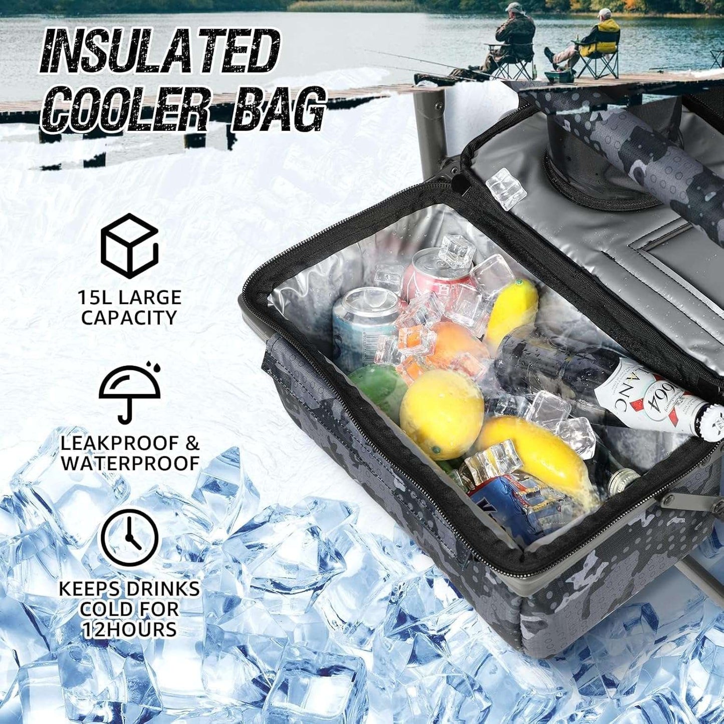 Cadeiras de Pesca com Porta-Varas, Cadeira Dobrável de Pesca no Gelo para Adultos Cadeira de Acampamento ao Ar Livre com Perna Ajustável e Bolsa Térmica