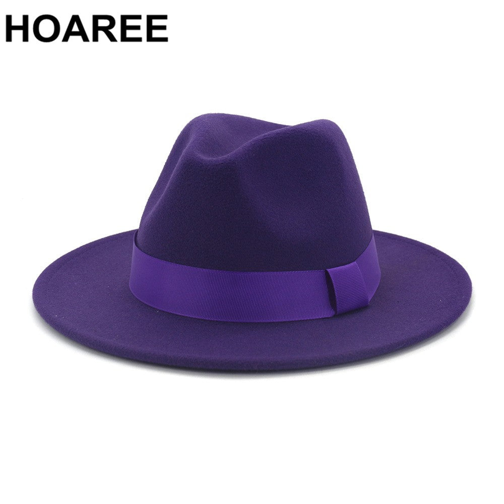 HOAREE Purple Wool Felt Jazz Fedora Hats Men Women Wide Brim Sombrero British Style Trilby Formal Panama Cap Solid Dress Hat