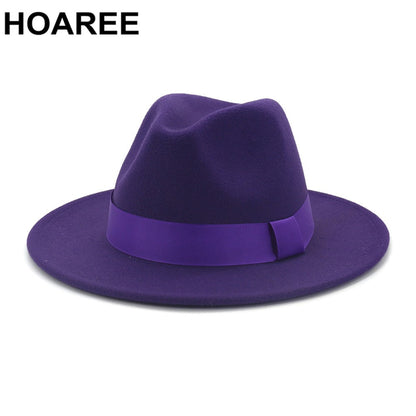 HOAREE Purple Wool Felt Jazz Fedora Hats Men Women Wide Brim Sombrero British Style Trilby Formal Panama Cap Solid Dress Hat