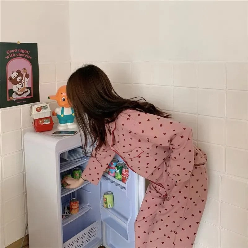 M-XXL Large Size Nightwear Women Sleepwear Autumn and Winter Cardigan Home Wear Peach Heart Long Sleeves School Silk Pajamas