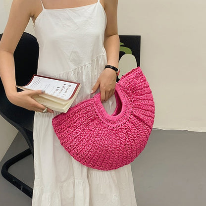 Summer Straw Women Half-moon Beach Handbag Rattan Handmade Handle Fashion Kintted Tote Bag