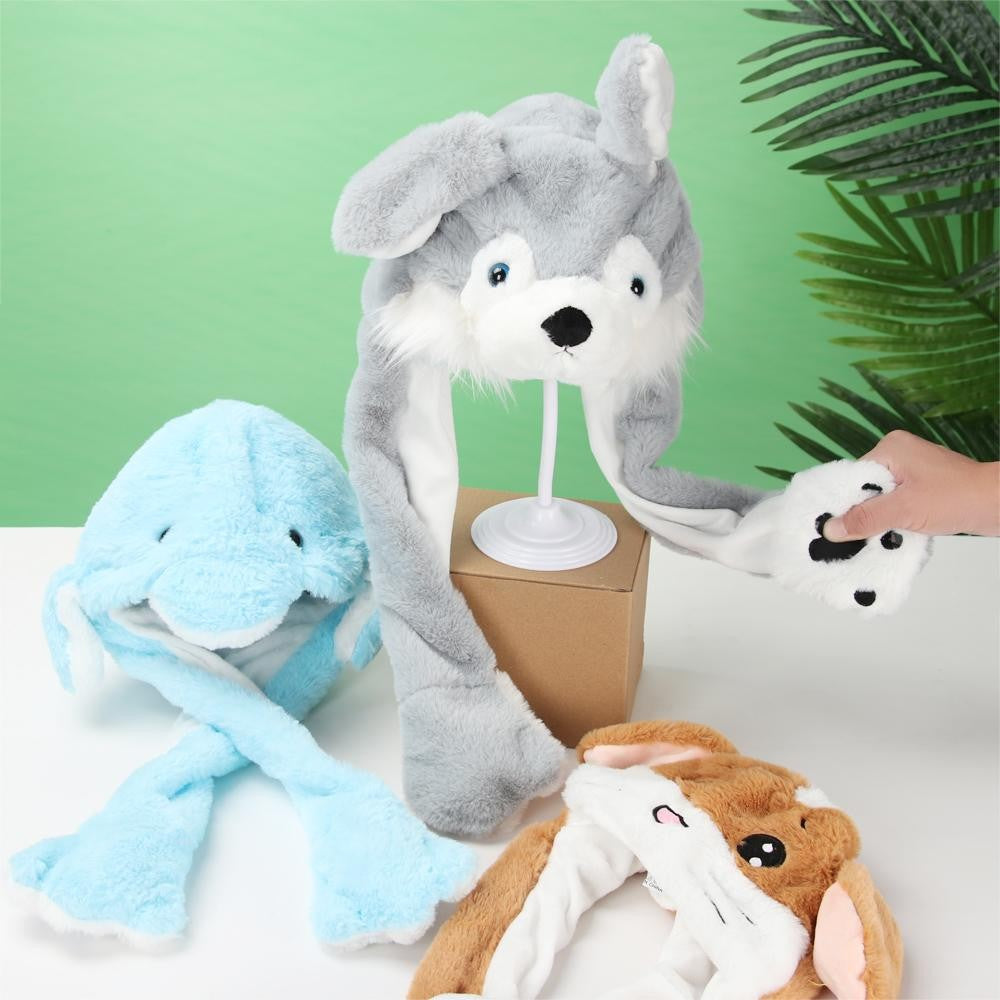 Women Girls Soft Warm Moving Jumping Rabbit Pinch Airbag Animals Ear Hat Funny Cap Plush