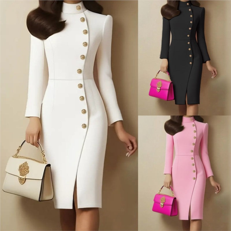 Elegant Commuter Dresses For Women Autumn Fashion White Black Stand-up Collar Slim Metal Buckle Long Sleeve Split Casual Dress