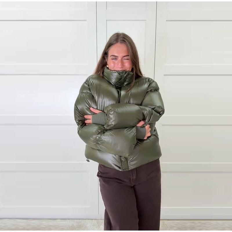 Fashion Glossy Padded Jacket Women's Solid Turtleneck Long Sleeve Warm Down Coat 2025 Autumn Winter New Lady Casual Outerwear