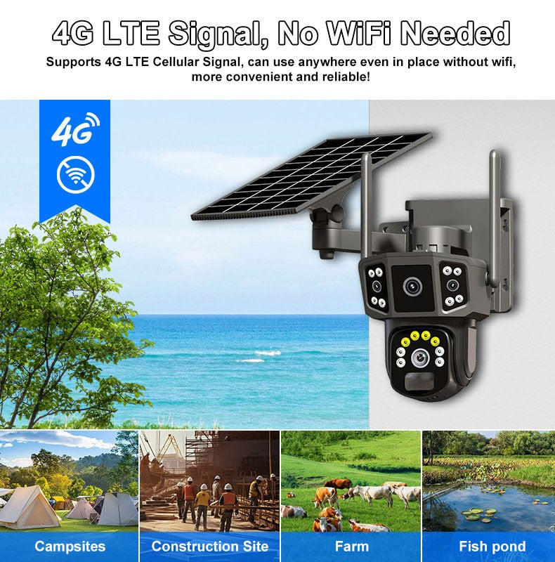 Câmera de segurança externa sem fio WIFI solar V380 Pro 10X 4K de lente dupla, CFTV solar, câmeras solares 4G sim
